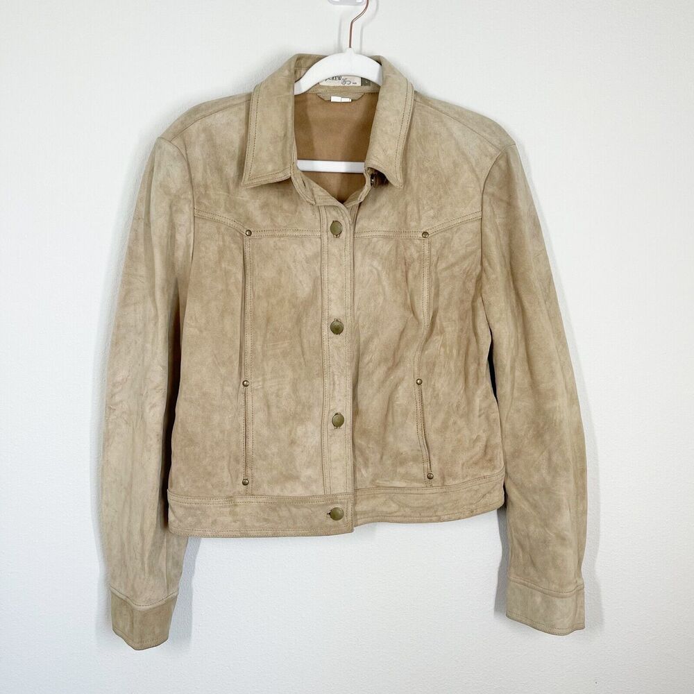 J. Crew Vintage Suede Leather Trucker Jacket Womens Size L Tan Button Up Collar